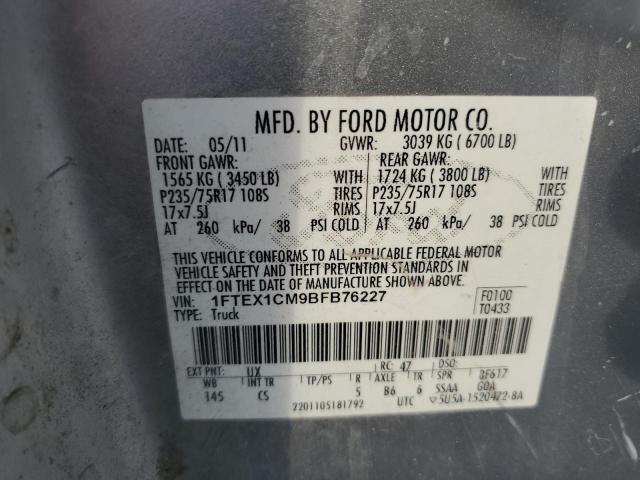 1FTEX1CM9BFB76227 - 2011 FORD F150 SUPER CAB SILVER photo 12