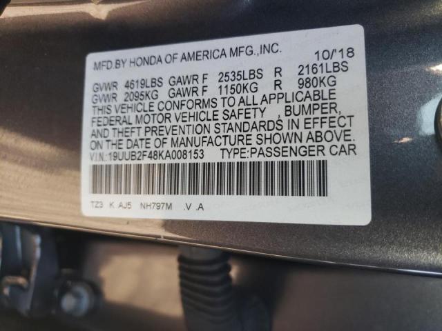 19UUB2F48KA008153 - 2019 ACURA TLX TECHNOLOGY GRAY photo 10