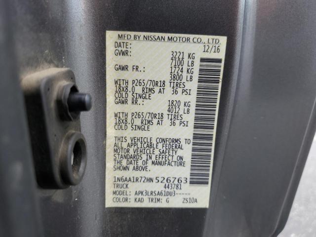 1N6AA1R72HN526763 - 2017 NISSAN TITAN S GRAY photo 12