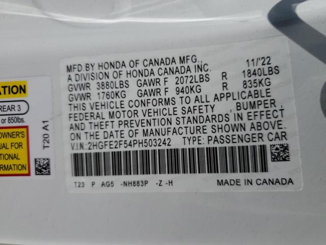 2HGFE2F54PH503242 - 2023 HONDA CIVIC SPORT თეთრი ფოტო 12