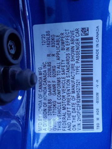 2HGFC2F82MH527521 - 2021 HONDA CIVIC SPORT 蓝色 照片 12