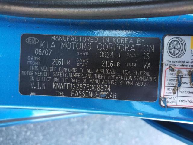 KNAFE122875008874 - 2007 KIA SPECTRA EX BLUE photo 12