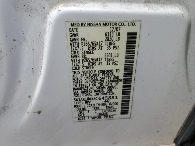 5N1AR18BX8C645881 - 2008 NISSAN PATHFINDER S WHITE photo 14