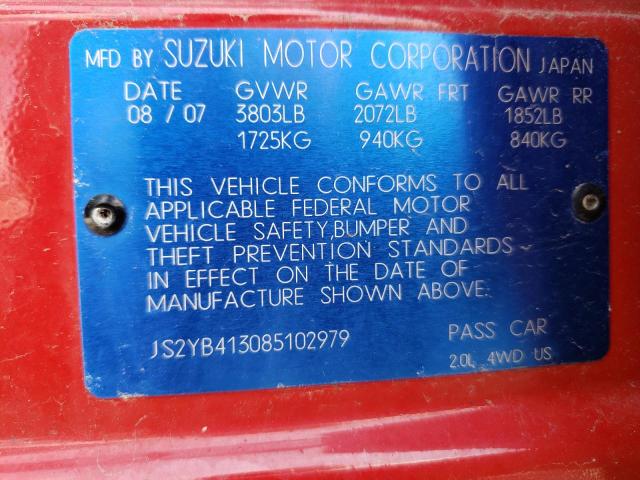 JS2YB413085102979 - 2008 SUZUKI SX4 BASE RED photo 12