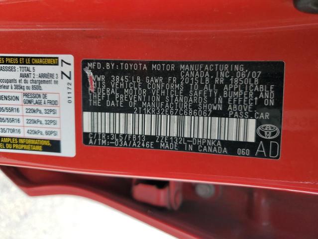 2T1KR32E67C686067 - 2007 TOYOTA COROLLA MA XR RED photo 12