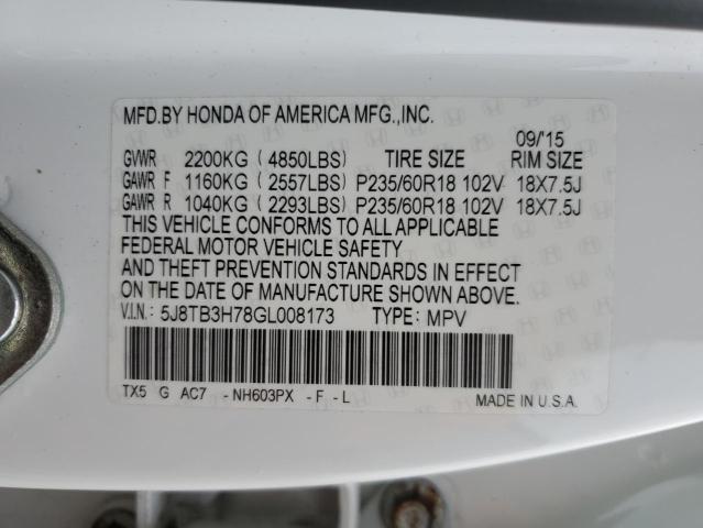 5J8TB3H78GL008173 - 2016 ACURA RDX ADVANCE WHITE photo 13