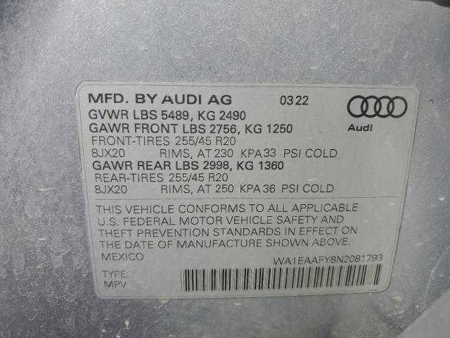 WA1EAAFY8N2081793 - 2022 AUDI Q5 PREMIUM PLUS 45 SILVER photo 13