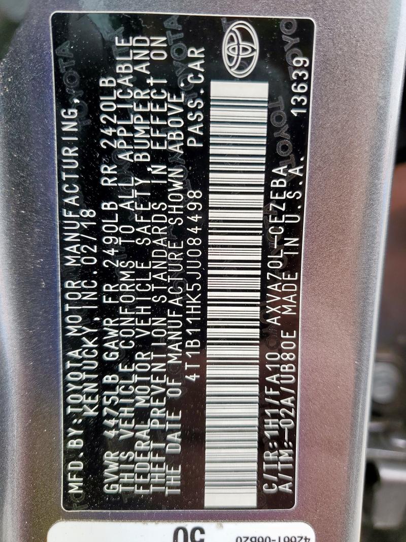 4T1B11HK5JU084498 - 2018 TOYOTA CAMRY L Szary zdjęcie 12