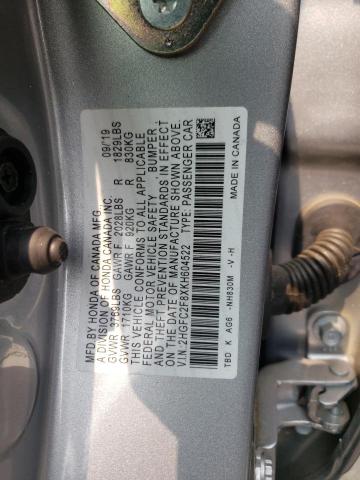2HGFC2F8XKH604522 - 2019 HONDA CIVIC SPORT 银色 照片 12