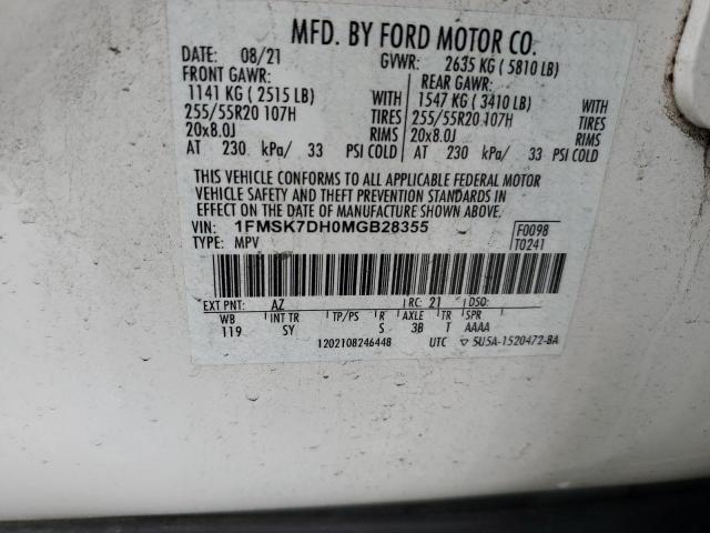 1FMSK7DH0MGB28355 - 2021 FORD EXPLORER XLT WHITE photo 13