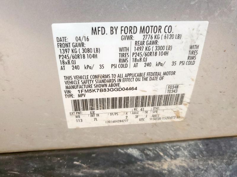 1FM5K7B83GGD04464 - 2016 FORD EXPLORER SILVER photo 13