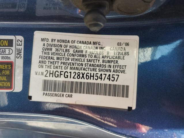 2HGFG128X6H547457 - 2006 HONDA CIVIC EX BLUE photo 12