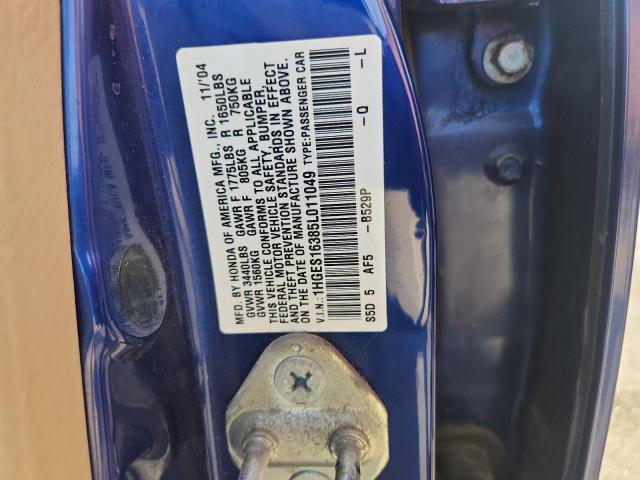 1HGES16385L011049 - 2005 HONDA CIVIC DX VP ლურჯი ფოტო 12