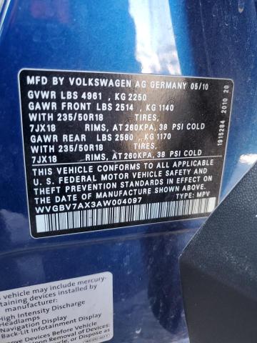 WVGBV7AX3AW004097 - 2010 VOLKSWAGEN TIGUAN SE BLUE photo 12