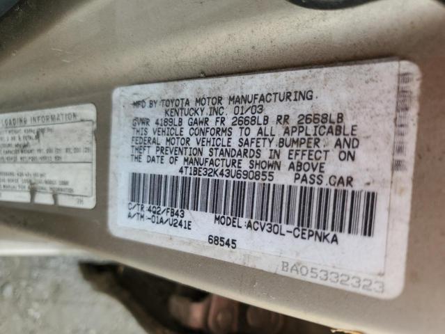 4T1BE32K43U690855 - 2003 TOYOTA CAMRY LE GOLD photo 12