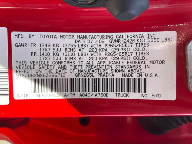 5TEJU62NX6Z296710 - 2006 TOYOTA TACOMA DOUBLE CAB PRERUNNER RED photo 10