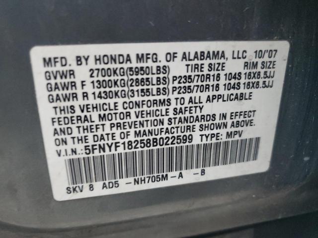 5FNYF18258B022599 - 2008 HONDA PILOT VP GRAY photo 13