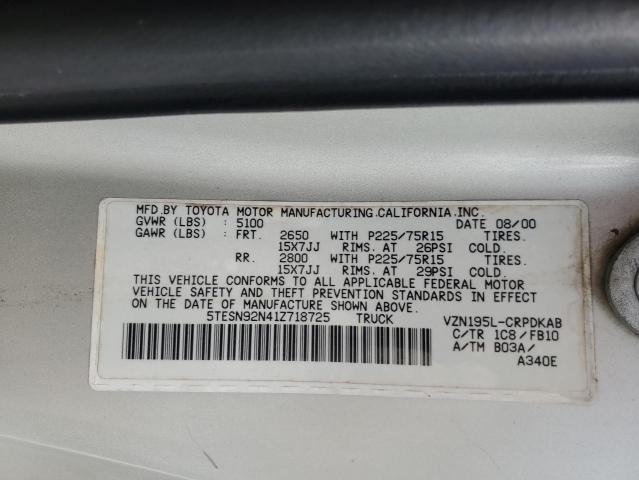 5TESN92N41Z718725 - 2001 TOYOTA TACOMA XTRACAB PRERUNNER 银色 照片 12