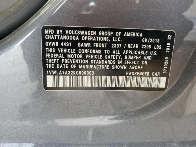 1VWLA7A32KC000303 - 2019 VOLKSWAGEN PASSAT WOLFSBURG GRAY photo 13