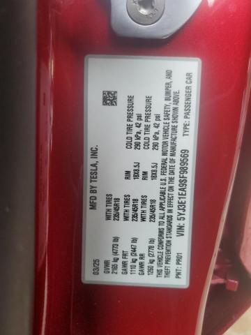 5YJ3E1EA9SF989569 - 2025 TESLA MODEL 3 BURGUNDY photo 12