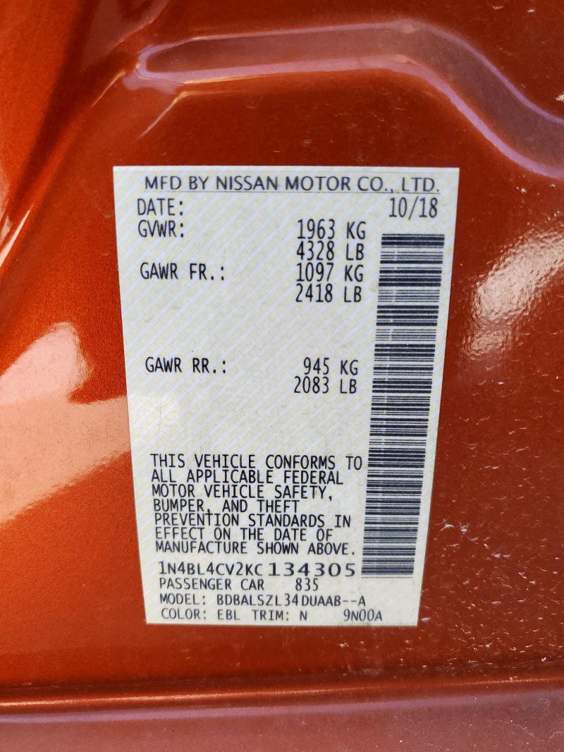 1N4BL4CV2KC134305 - 2019 NISSAN ALTIMA SR 橙色 照片 13