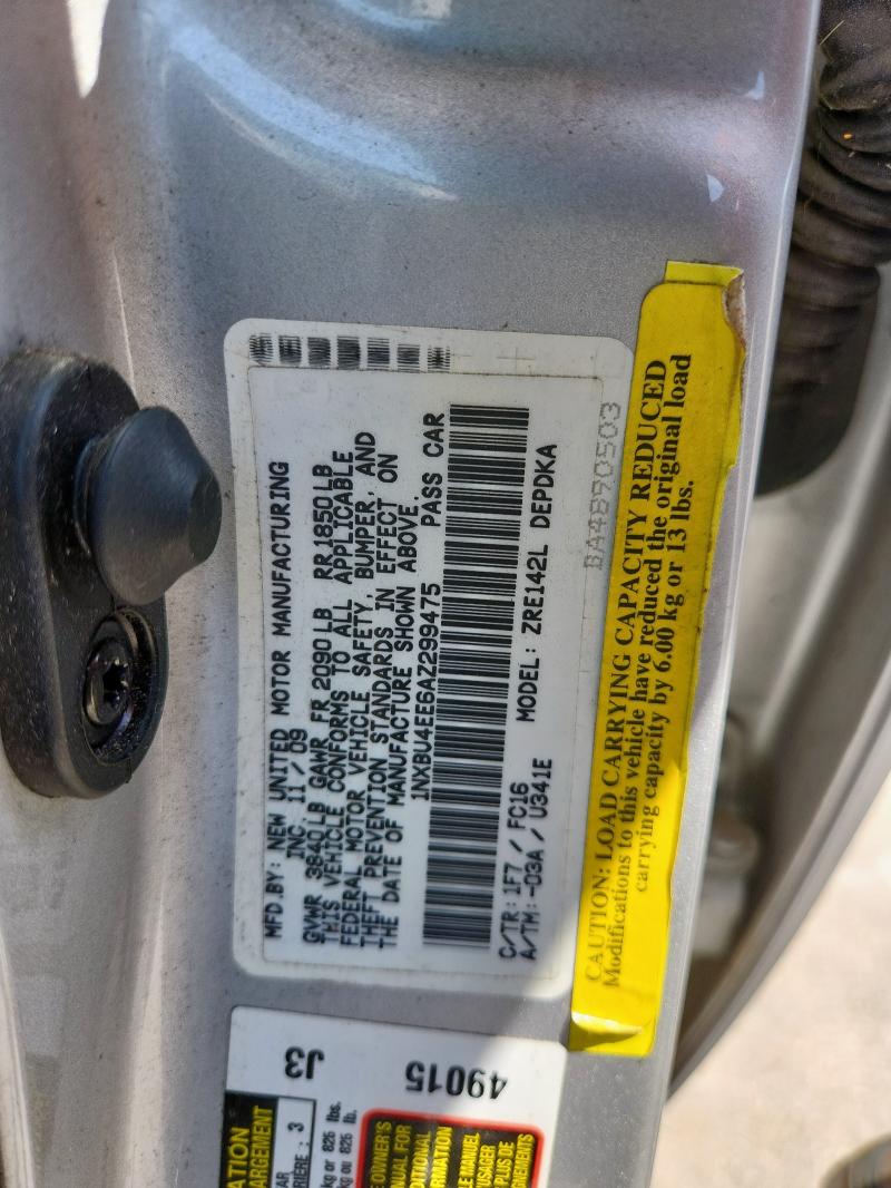 1NXBU4EE6AZ299475 - 2010 TOYOTA COROLLA BASE SILVER photo 12