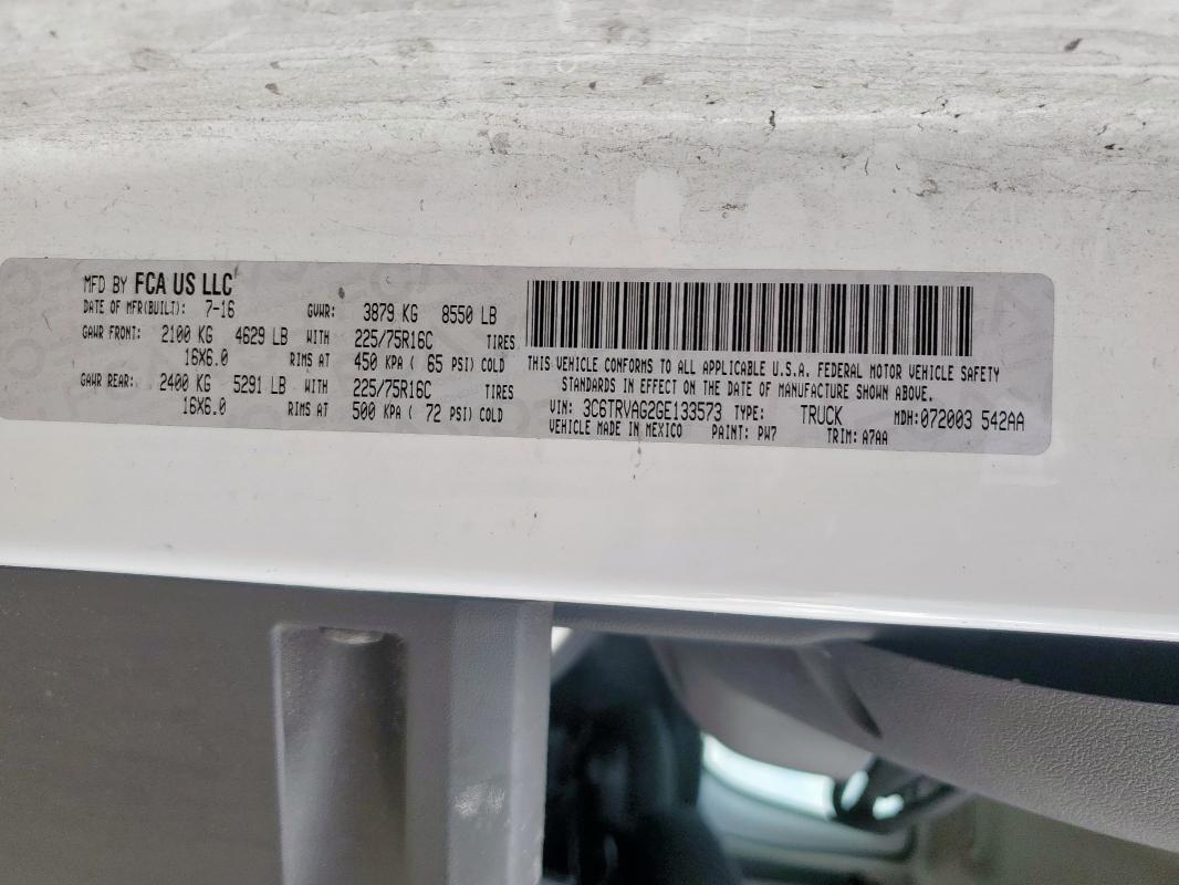 3C6TRVAG2GE133573 - 2016 RAM PROMASTER 1500 STANDARD WHITE photo 13