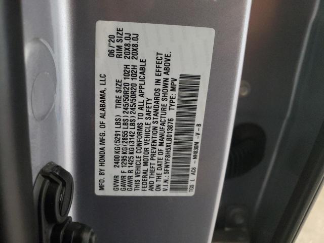 5FNYF8H5XLB013876 - 2020 HONDA PASSPORT EXL GRAY photo 13