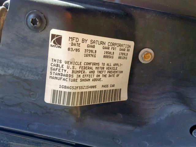 1G8AG52F55Z154005 - 2005 SATURN ION LEVEL 1  photo 10