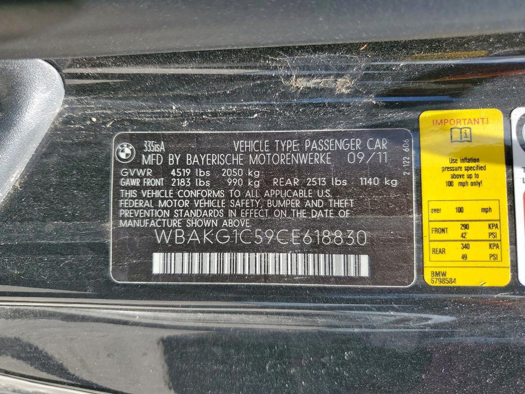 WBAKG1C59CE618830 - 2012 BMW 335 I SULEV BLACK photo 12