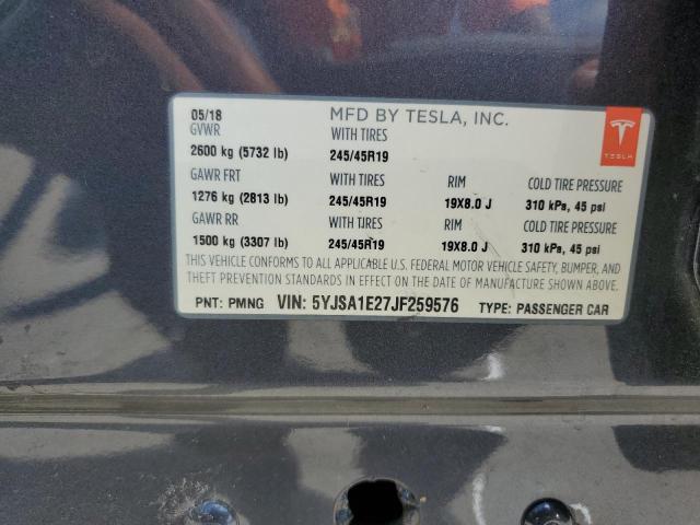 5YJSA1E27JF259576 - 2018 TESLA MODEL S Boz foto 12