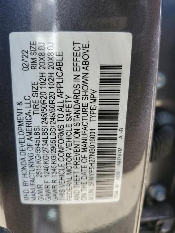 5FNYF5H27NB016001 - 2022 HONDA PILOT SE GRAY photo 12