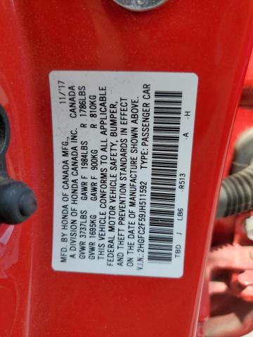 2HGFC2F59JH511592 - 2018 HONDA CIVIC LX 红色 照片 12