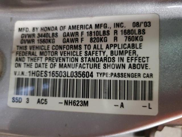 1HGES16503L035604 - 2003 HONDA CIVIC LX SILVER photo 12