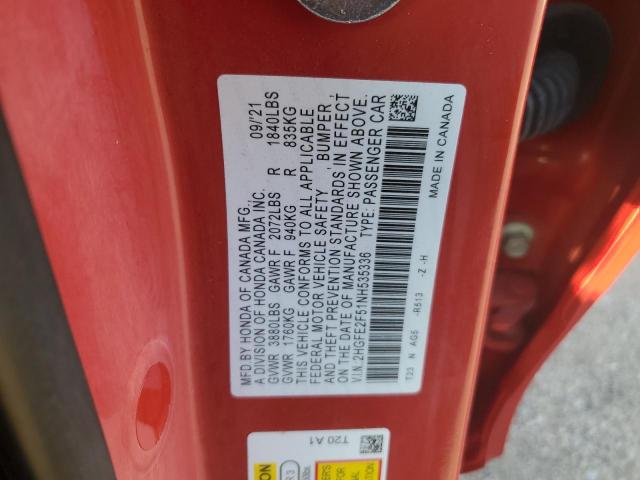 2HGFE2F51NH535336 - 2022 HONDA CIVIC SPORT RED photo 12