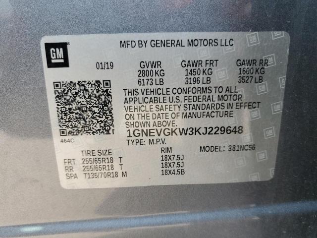 1GNEVGKW3KJ229648 - 2019 CHEVROLET TRAVERSE LT GRAY photo 13