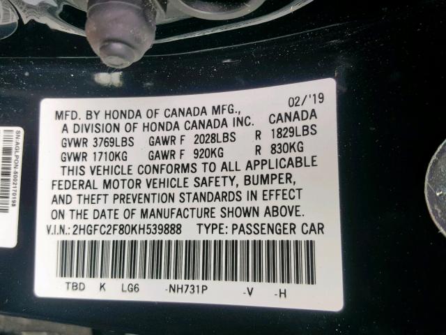 2HGFC2F80KH539888 - 2019 HONDA CIVIC SPORT  photo 10