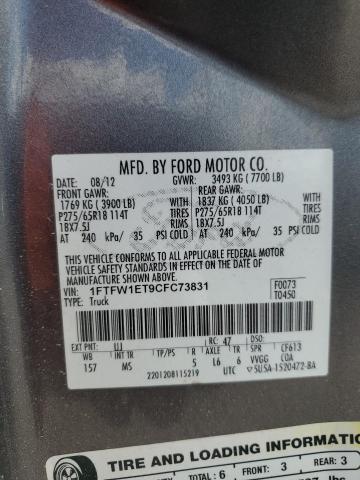 1FTFW1ET9CFC73831 - 2012 FORD F150 SUPERCREW GRAY photo 12