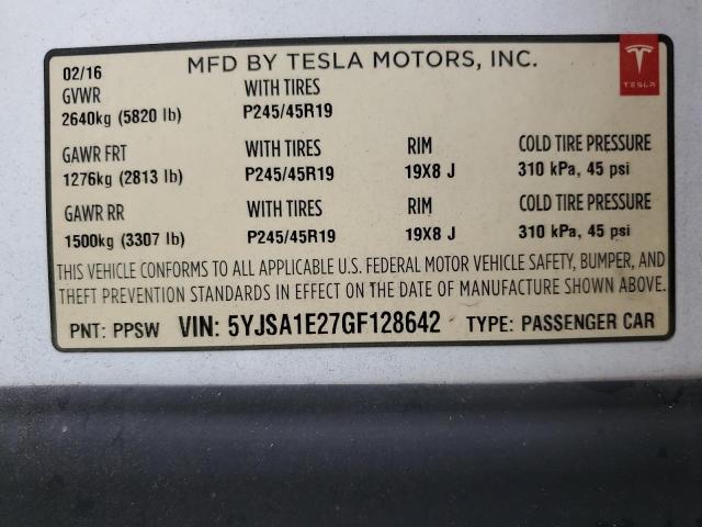 5YJSA1E27GF128642 - 2016 TESLA MODEL S WHITE photo 13