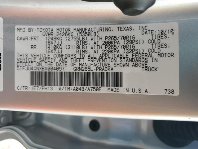 5TFJU4GNXBX004097 - 2011 TOYOTA TACOMA DOUBLE CAB PRERUNNER SILVER photo 12