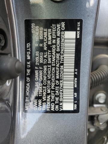 SHHFK7H63LU224194 - 2020 HONDA CIVIC EX GRAY photo 12