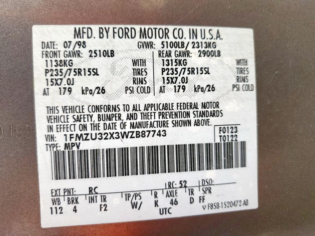 1FMZU32X3WZB87743 - 1998 FORD EXPLORER GRAY photo 12