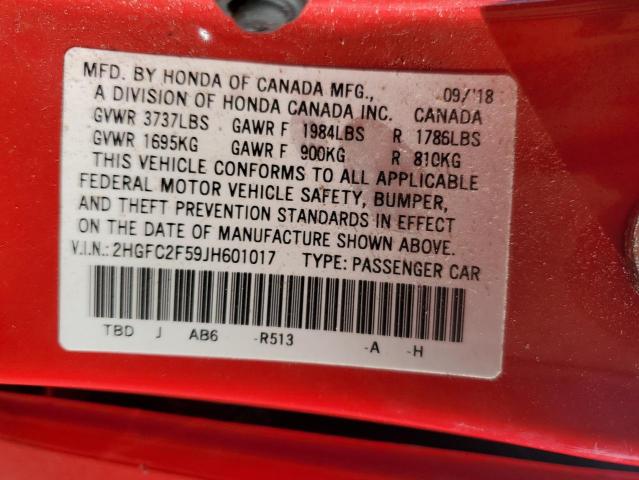 2HGFC2F59JH601017 - 2018 HONDA CIVIC LX RED photo 12