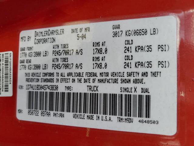 1D7HU18D04S743830 - 2004 DODGE RAM 1500 ST RED photo 12