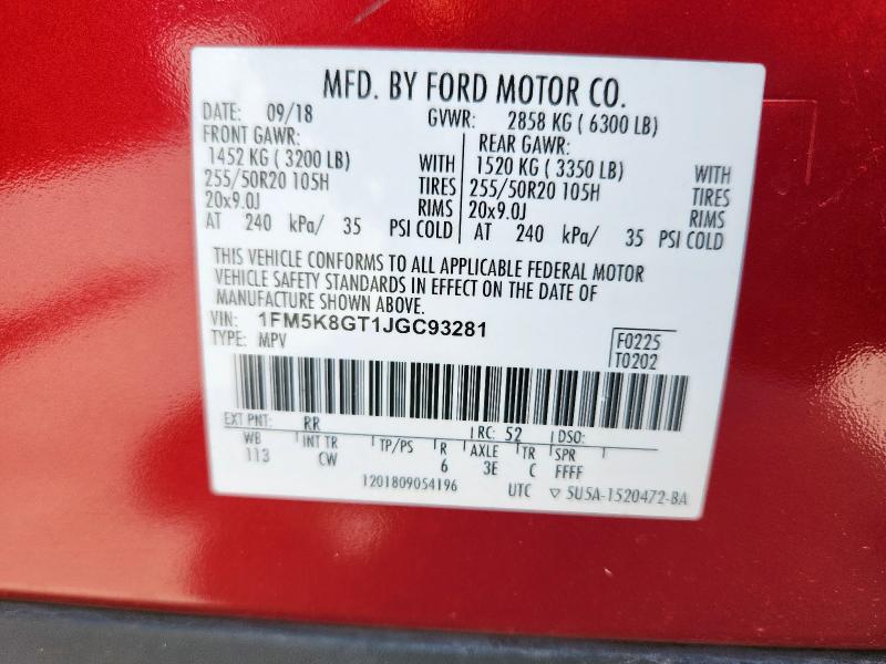 1FM5K8GT1JGC93281 - 2018 FORD EXPLORER SPORT Червоний фото 14