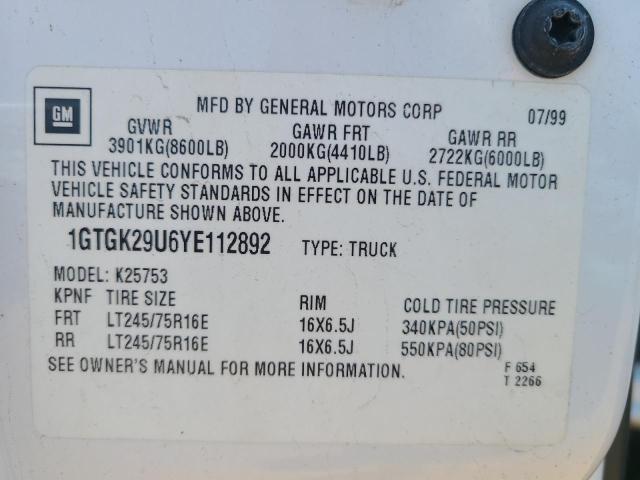 1GTGK29U6YE112892 - 2000 GMC NEW SIERRA K2500 WHITE photo 12