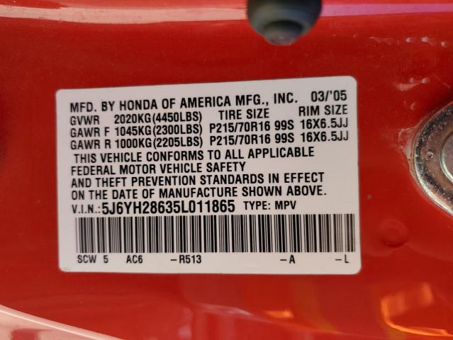 5J6YH28635L011865 - 2005 HONDA ELEMENT EX RED photo 12