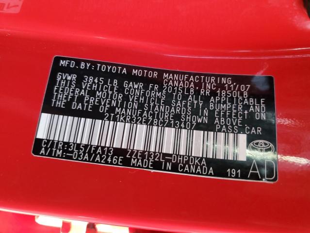 2T1KR32E78C713407 - 2008 TOYOTA COROLLA MA XR RED photo 13