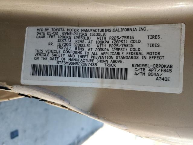 5TESM92N52Z087438 - 2002 TOYOTA TACOMA XTRACAB PRERUNNER ოქროსფერი ფოტო 12