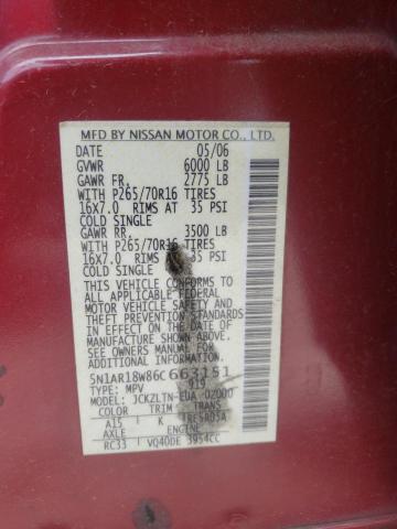 5N1AR18W86C663151 - 2006 NISSAN PATHFINDER LE MAROON photo 13